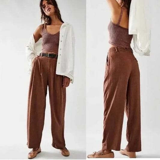 Free People High Rise Pleated Ankle Tapered Trouser Pants Brown 2