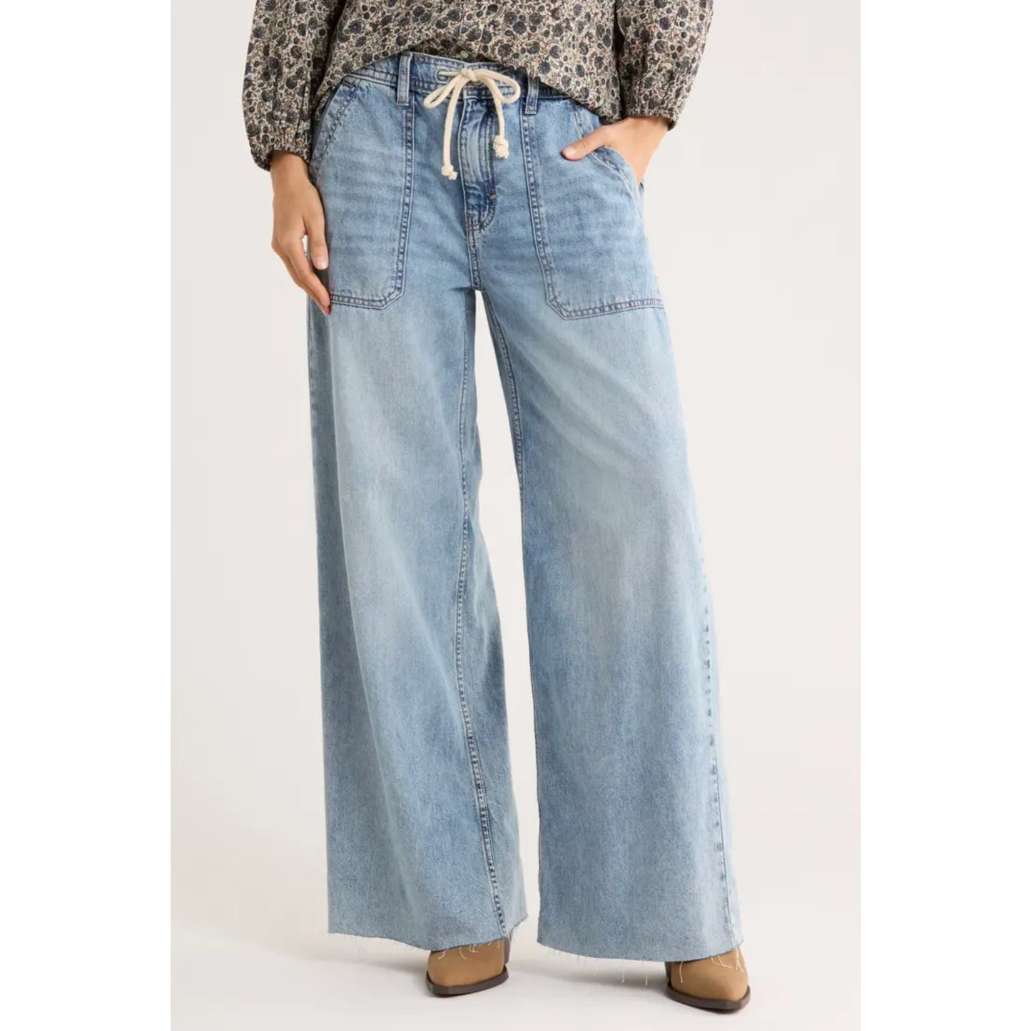 Lucky Brand High Rise Patch Pocket Drawstring Wide Leg Jeans Blue XS