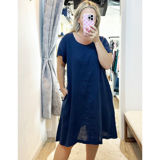 FLAX 100% Linen Short Sleeve Scoop Neck Oversized Midi Dress Navy Blue Medium