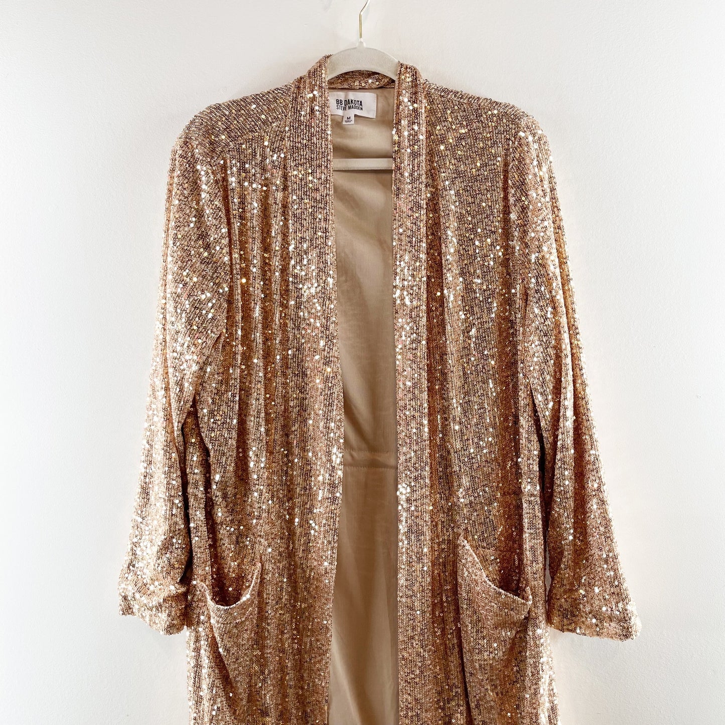 BB Dakota Steve Madden Dulcinea Sequined Duster Open Front Gold Medium