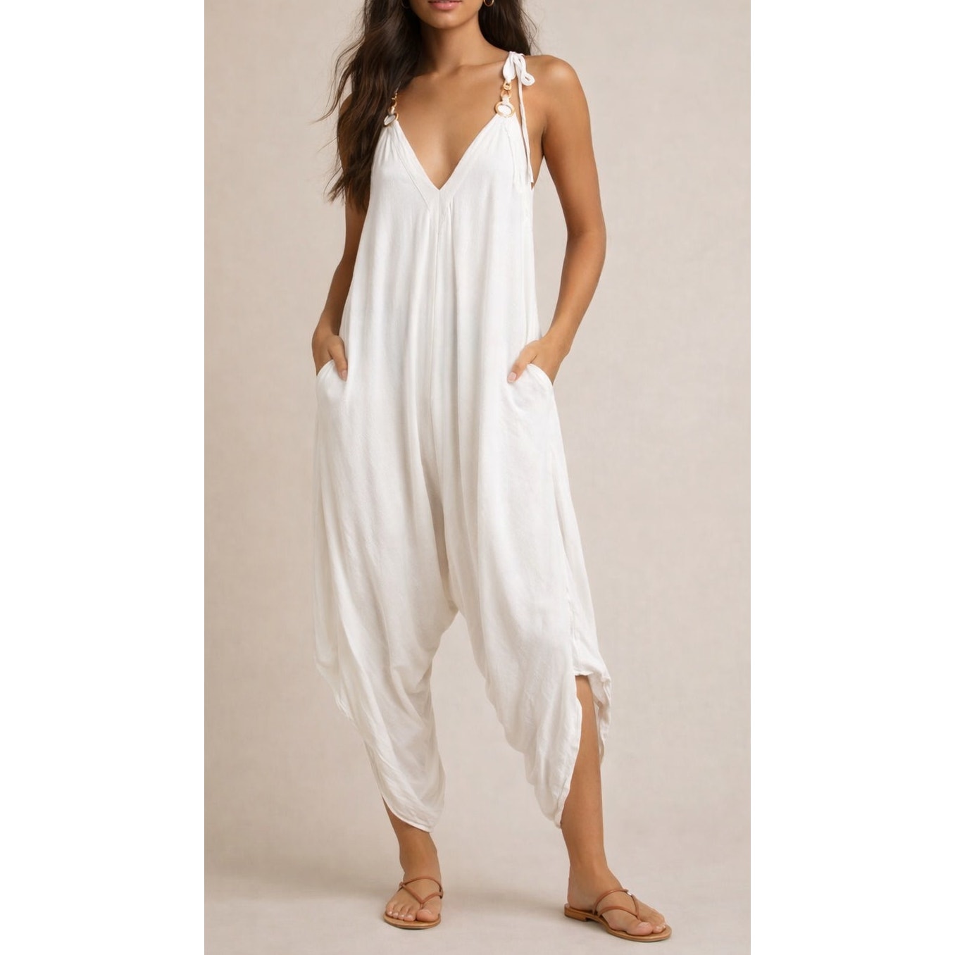 Chameleon Tie Shoulder Ring Detail V-Neck Harem Wide Leg Jumpsuit White Small