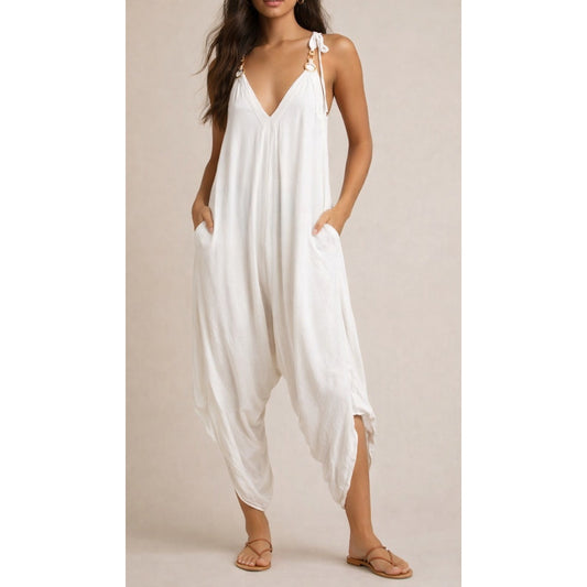 Chameleon Tie Shoulder Ring Detail V-Neck Harem Wide Leg Jumpsuit White Small