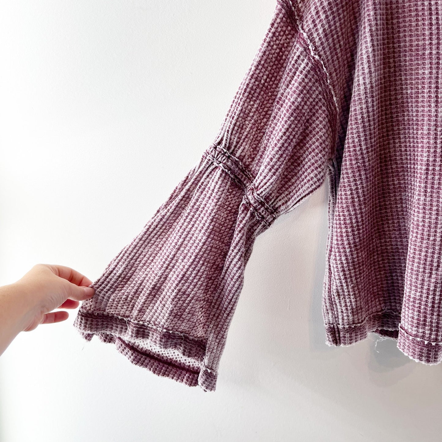 Free People Dahlia Long Bell Sleeve Thermal Waffle Knit Top Plum Maroon Small