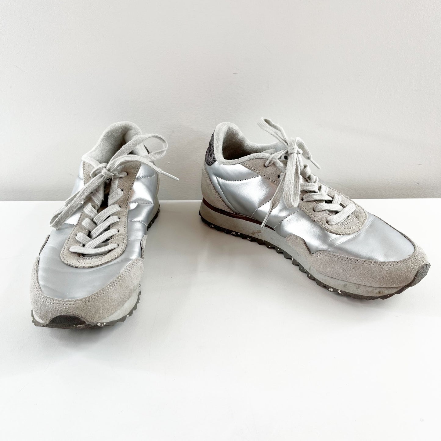 Woden Nora III Metallic Nylon Shoes Sneakers Sea Fog Gray Silver 6.5