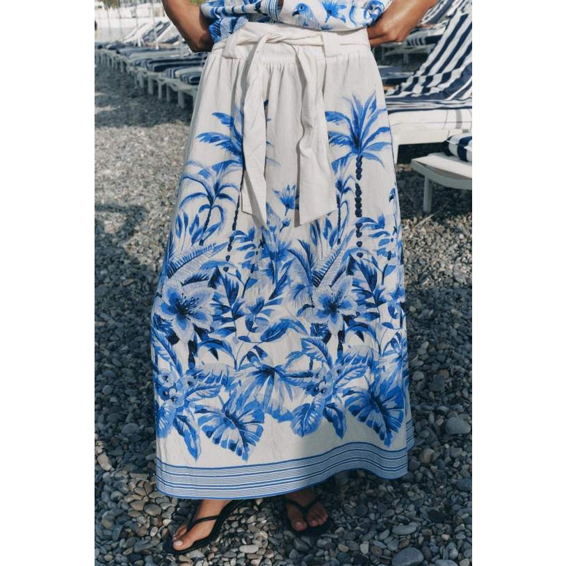 Zara Tropical Print High Waisted Tie Waist A-Line Maxi Skirt Cream Blue Medium
