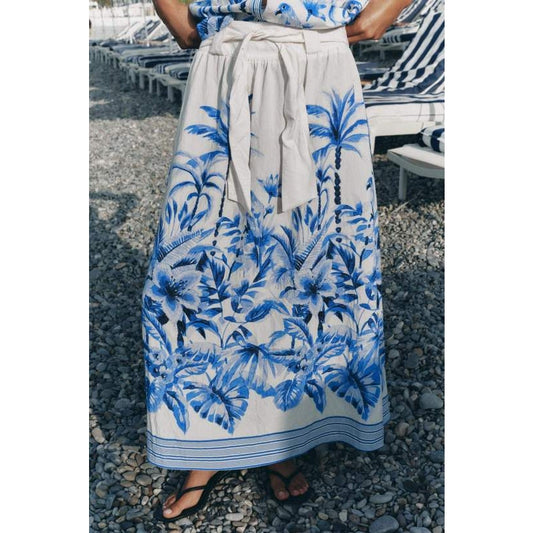 Zara Tropical Print High Waisted Tie Waist A-Line Maxi Skirt Cream Blue Medium