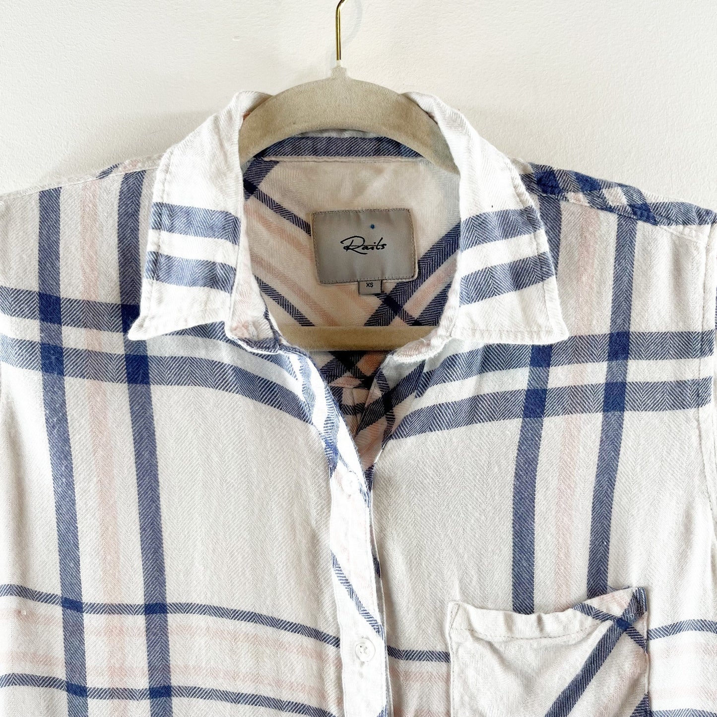 Rails Plaid Hunter Button Up Long Sleeve Top Indigo Powder Blush White Blue XS