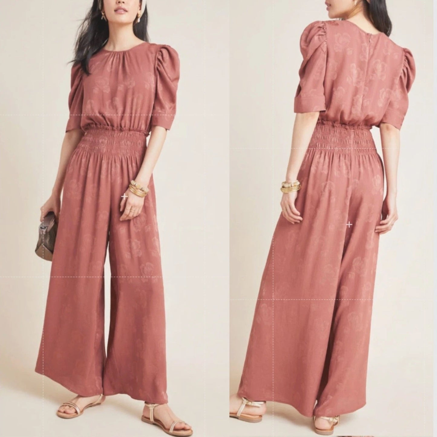 Current Air by Anthropologie Castille Jacquard Satin Wide leg Jumpsuit Pink XS