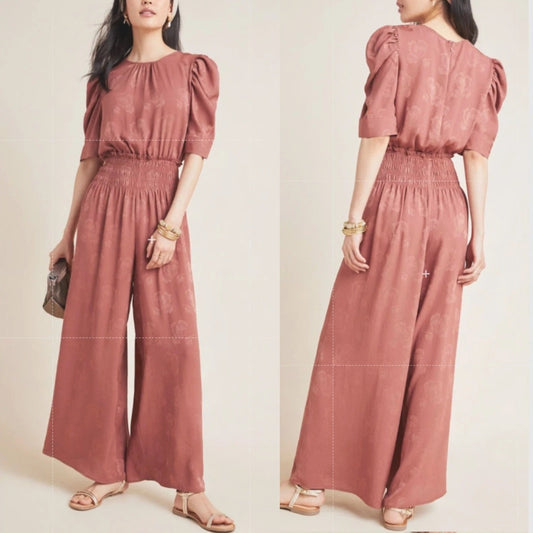 Current Air by Anthropologie Castille Jacquard Satin Wide leg Jumpsuit Pink XS