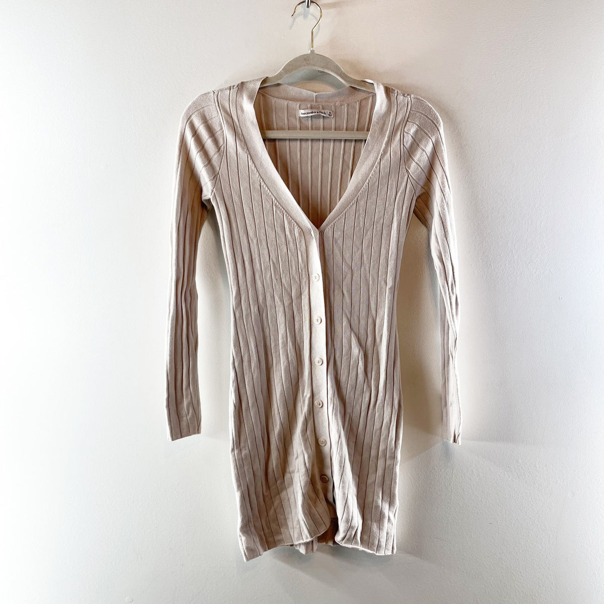 Abercrombie Long Sleeve V Neck Ribbed Sweater Cardigan Mini Dress Cream XS