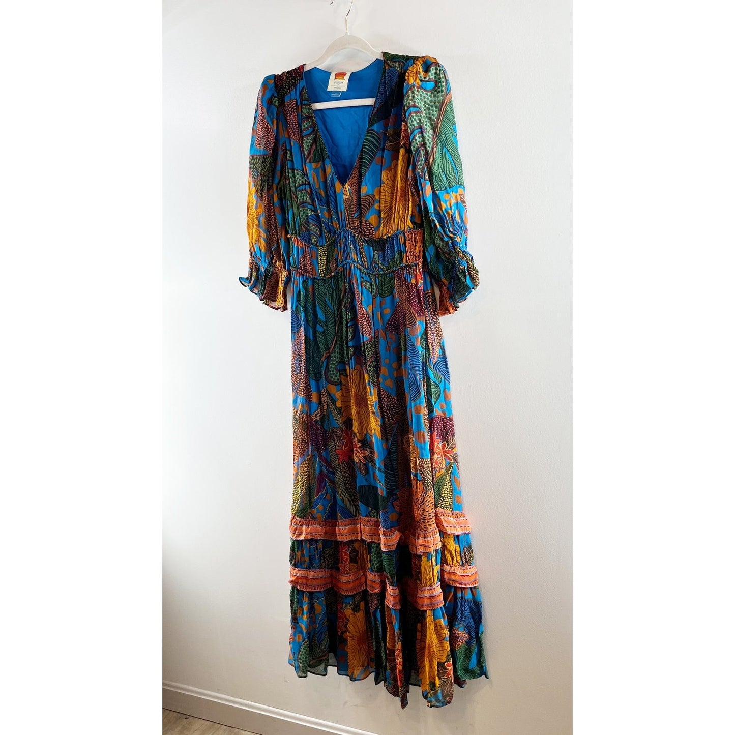 Farm Rio Anthropologie Puff-Sleeve Smocked Tiered Maxi Dress Blue Small