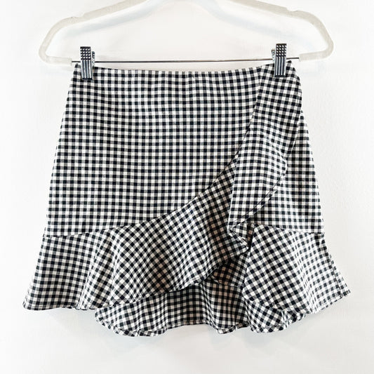 H&M Wrap Front Ruffle Hem Gingham Mini Skirt Black White 6