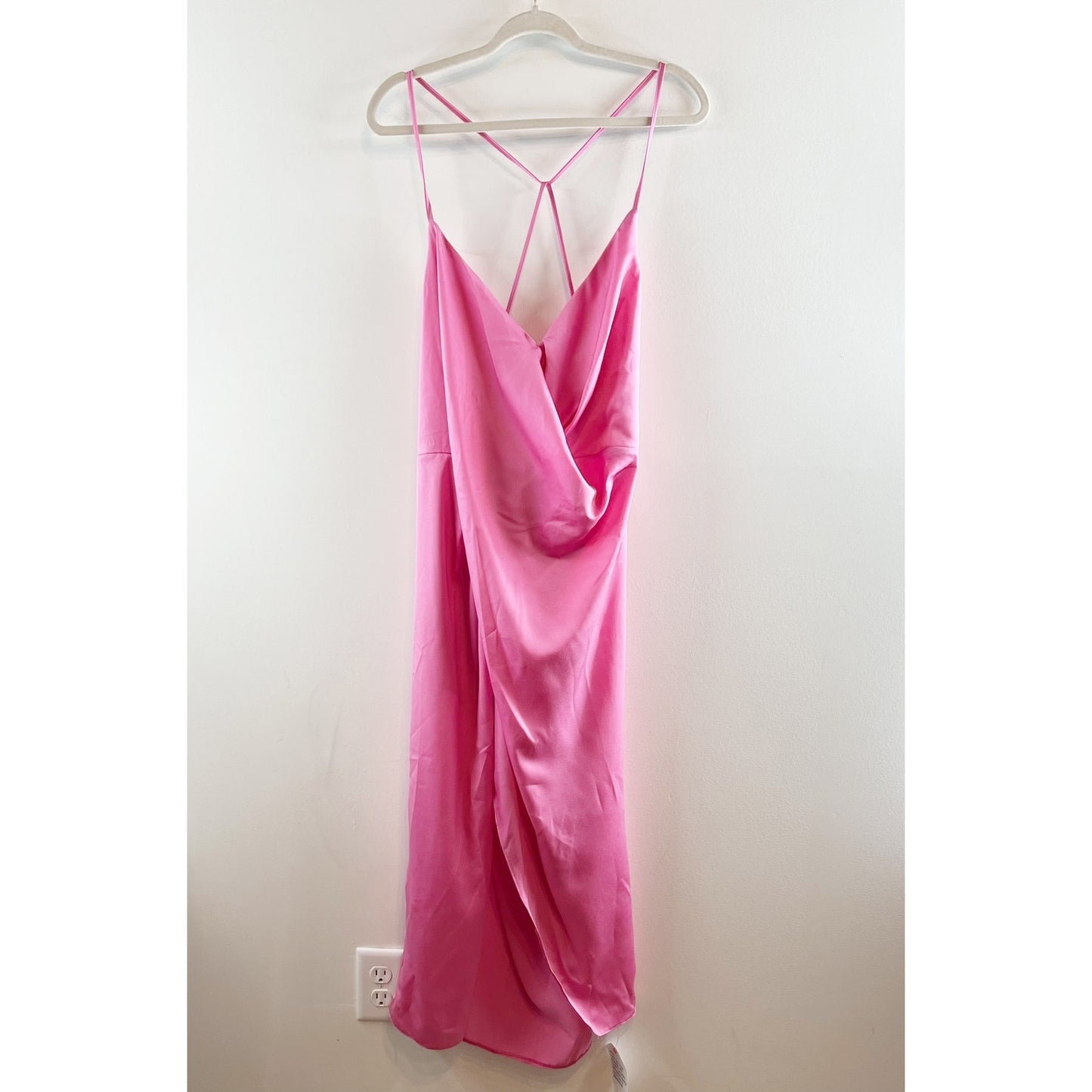 ASOS Design Draped Slit Strappy Low Back Satin Midi Dress Pink 14