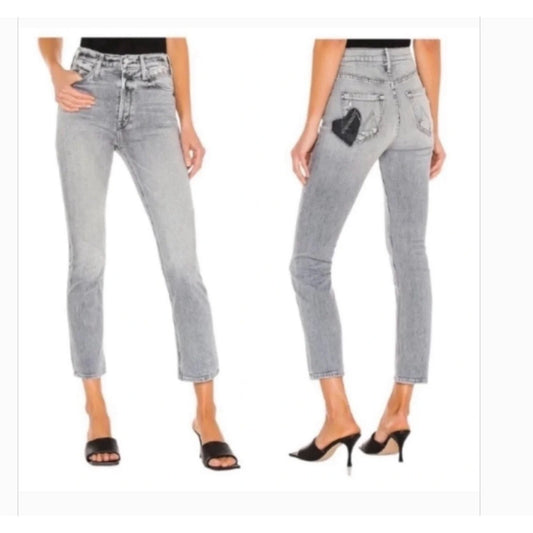 Mother The Button Fly Dazzler Ankle Straight Jeans Shadows in The Grass Gray 26