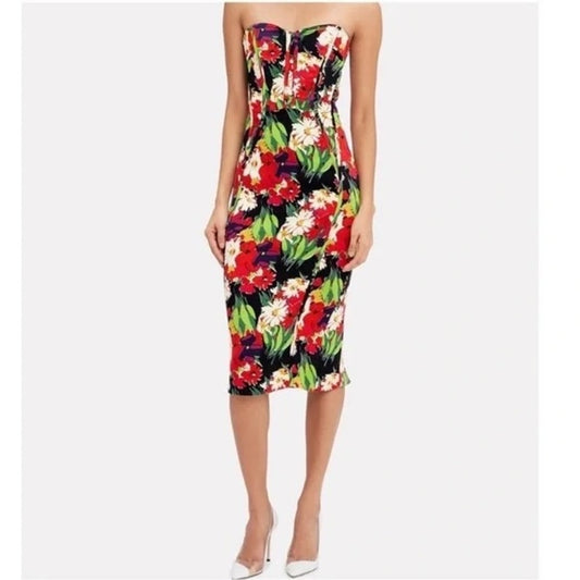 Veronica Beard Saffron Strapless Corset Knee Length Midi Floral Dress Red 2