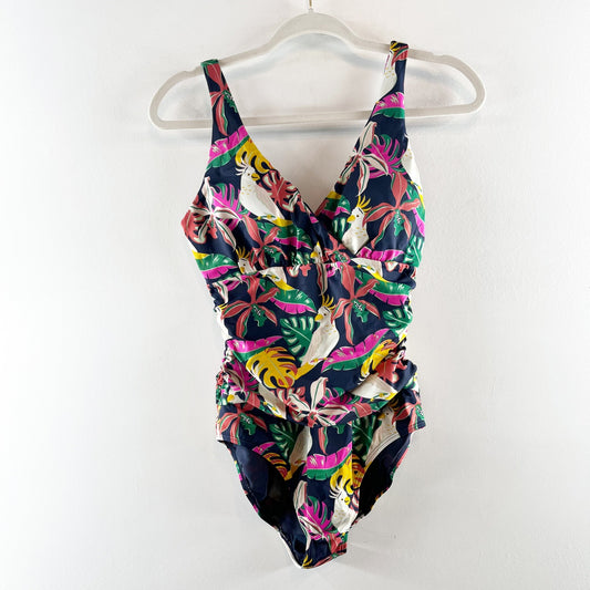 Floral Tropical Parrot V Neck One Piece Ruched Bathing Suit Navy Blue Pink 6