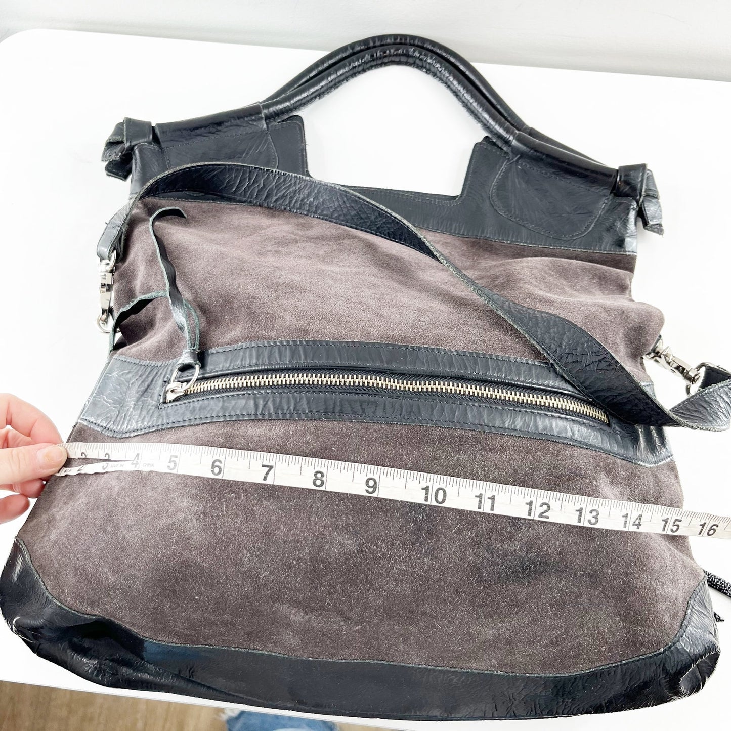 Foley + Corinna Fold Over Purse Handbag Brown Suede & Black Patent