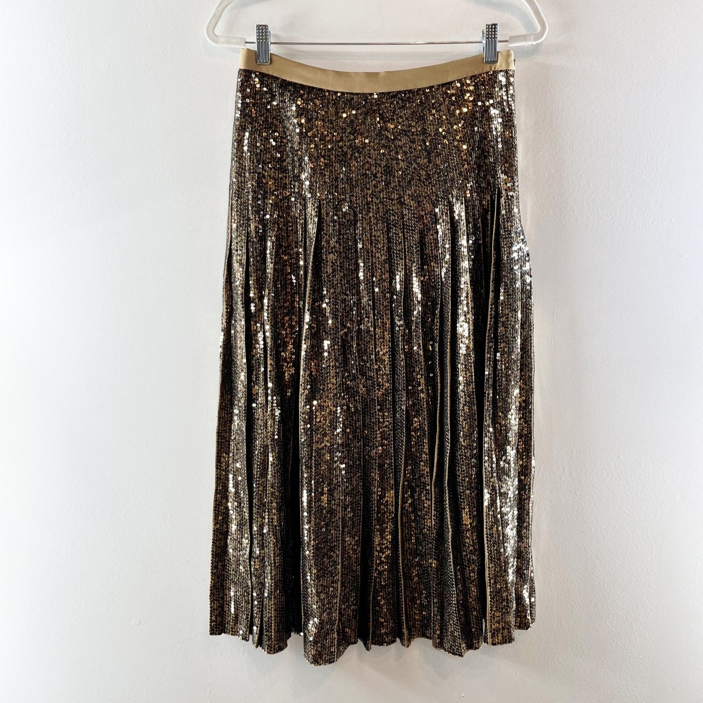 Michael Kors Collection Pleated Sequin Midi Skirt Barley Brass Gold 6