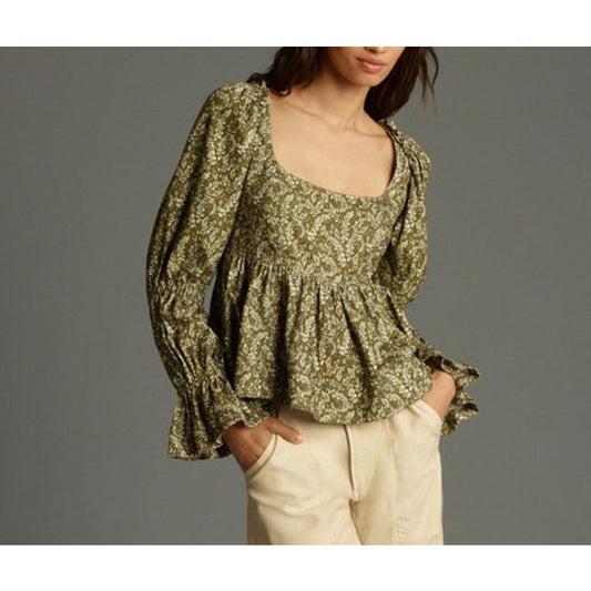 Pilcro Anthropologie Long Sleeve Square Neck Corduroy Peplum Top Green XL