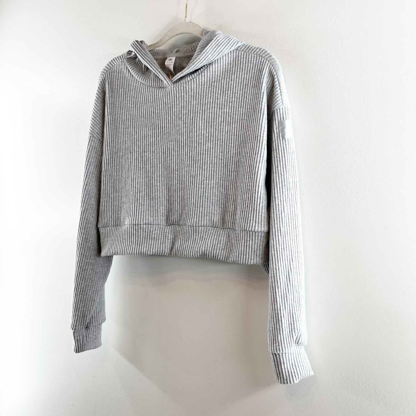 Alo Muse Long Sleeve Ribbed Knit Cropped Lounge Hoodie Athletic Heather Grey XS