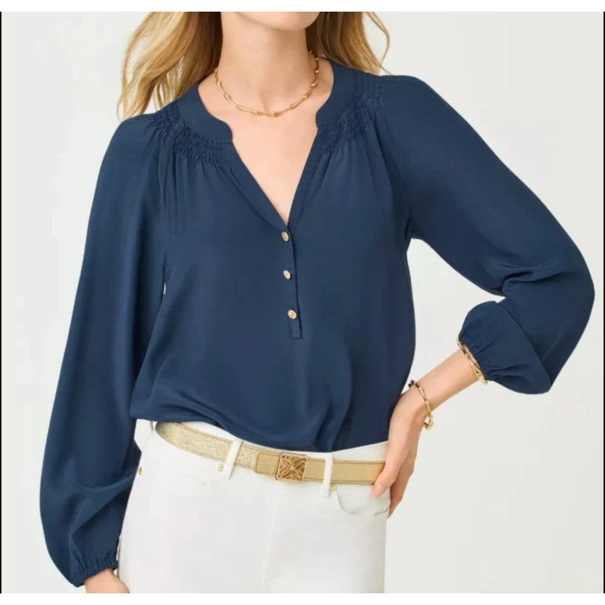 Lilly Pulitzer Elsa Long Sleeve Silk Blouse Top Navy Blue XL