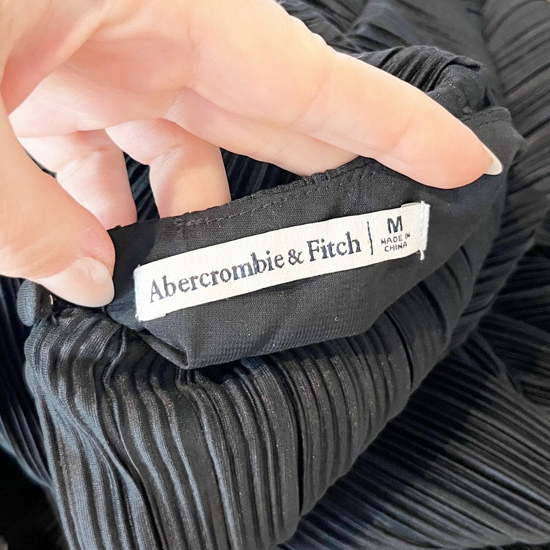 Abercrombie Satin Long Sleeve Plisse Belted Mini Dress Black Medium