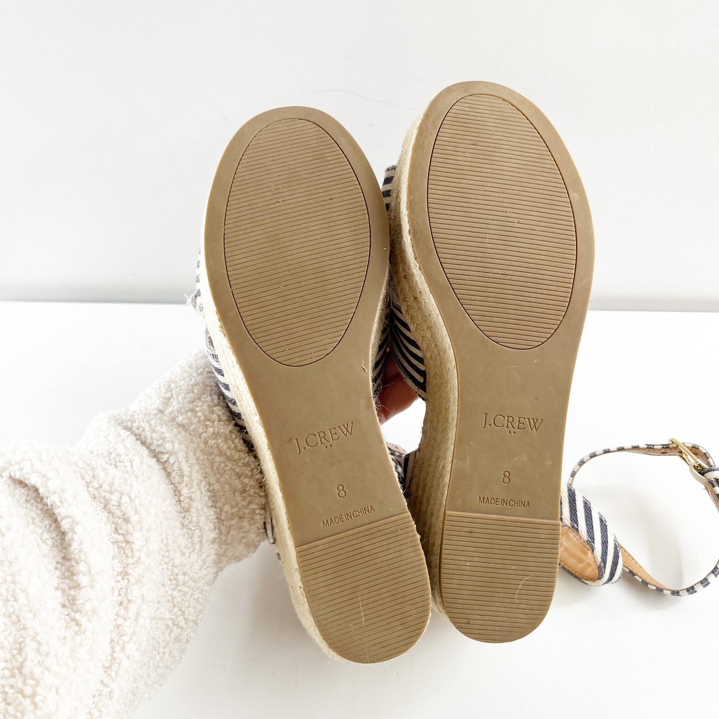 J. Crew Platform Bow Striped Espadrille Wedge Sandals Blue White 8