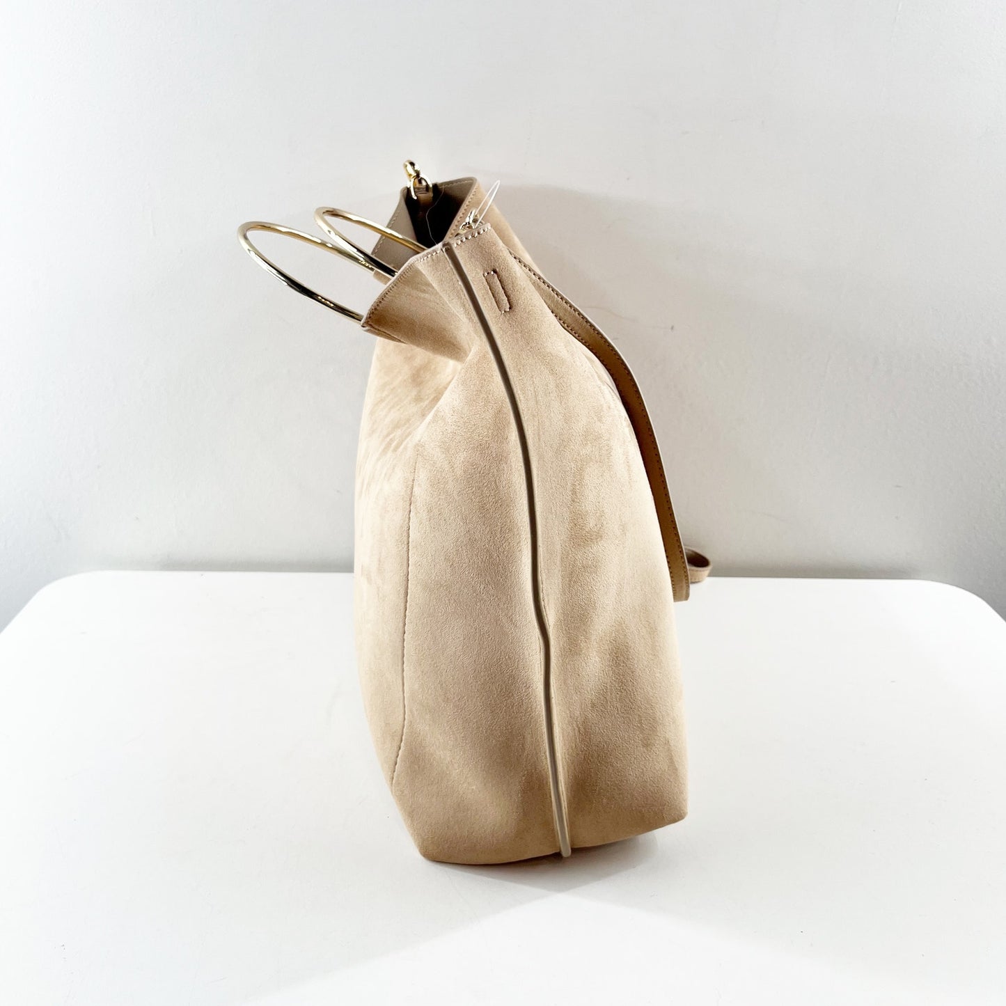 Banana Republic Suede Gold Round Handle Crossbody Tote Purse Bag Tan