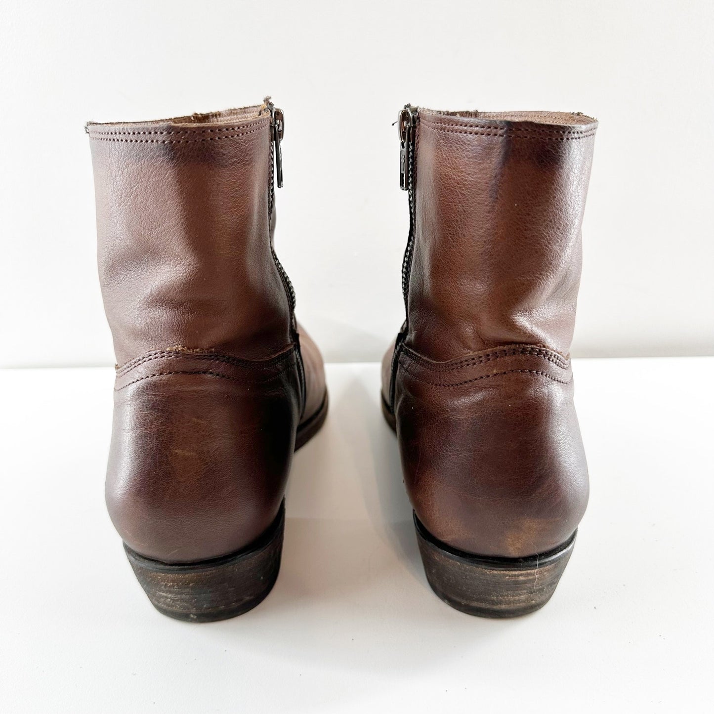 Frye Billy Leather Inside Zip Block Heel Western Cowboy Ankle Boots Brown 11