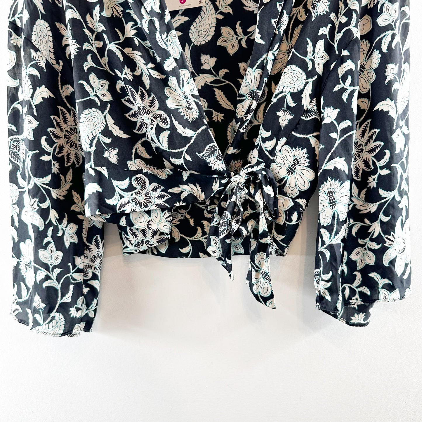 ZARA Floral Satin Bell Sleeve Wrap Tie Blouse Shirt Black White Medium