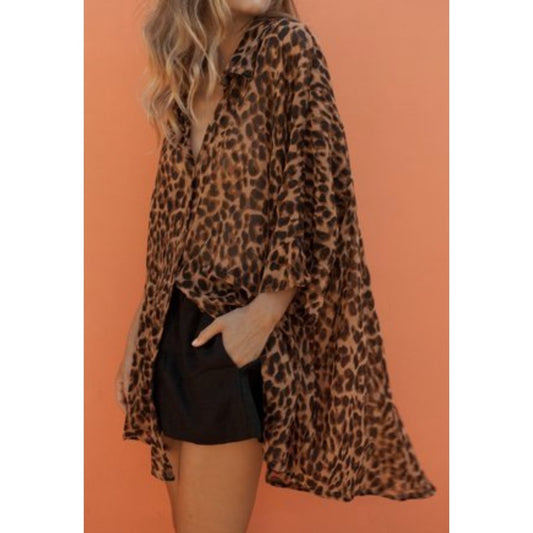 Free People Intimately 3/4 Sleeve Button Down Tunic Shirt Leopard Print Brown XS