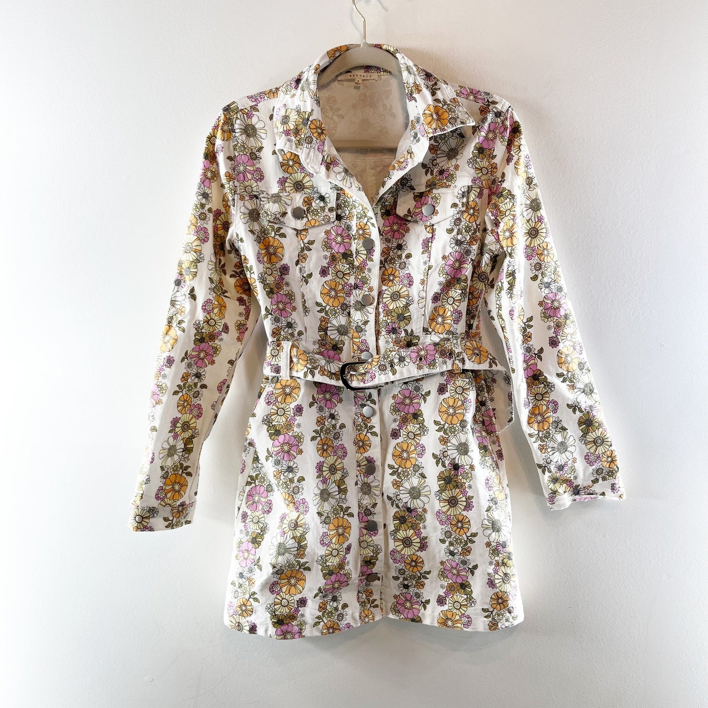 Baevely Disty Floral Long Sleeve Belted Mini Dress White Multi Small