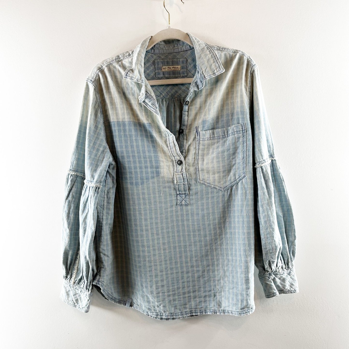 Free People Glacier Bay Denim Check Buttondown Shirt Blue Small