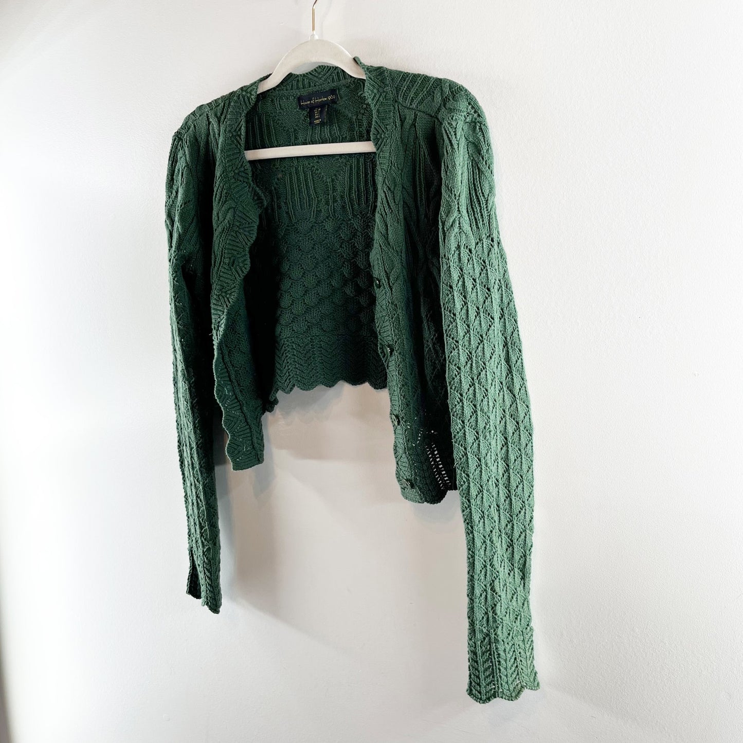 House of Harlow Long Sleeve Cropped Scalloped Cardigan Sweater Green Small
