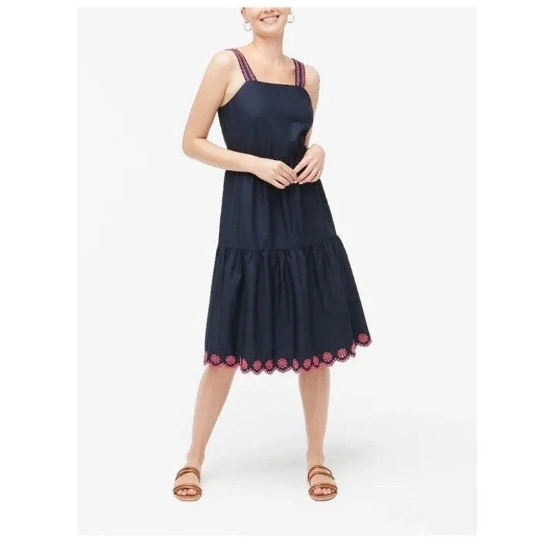 J. Crew Embroidered Floral Sleeveless Scalloped Midi Dress Navy Blue 12