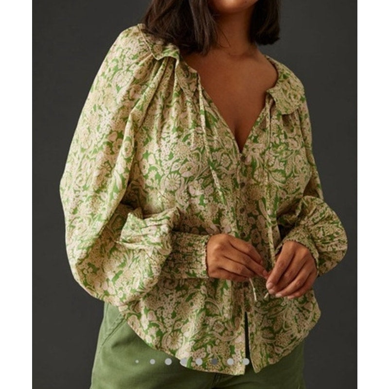 Anthropologie Floral Ruffled V-Neck Peasant Blouse Green Floral Print Small