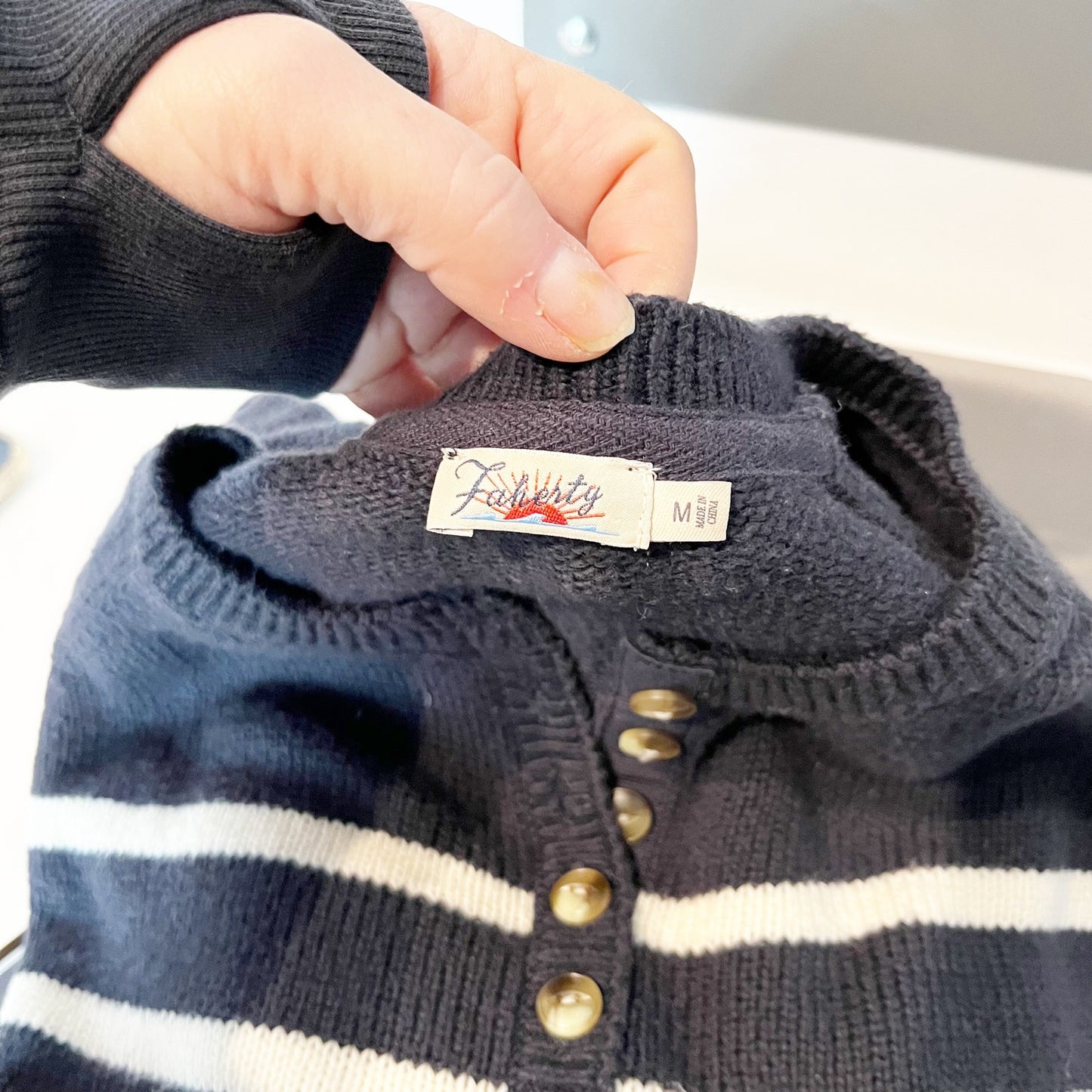 Faherty Cozy Cotton Henley Pullover Sweater Navy Natural Stripe Medium