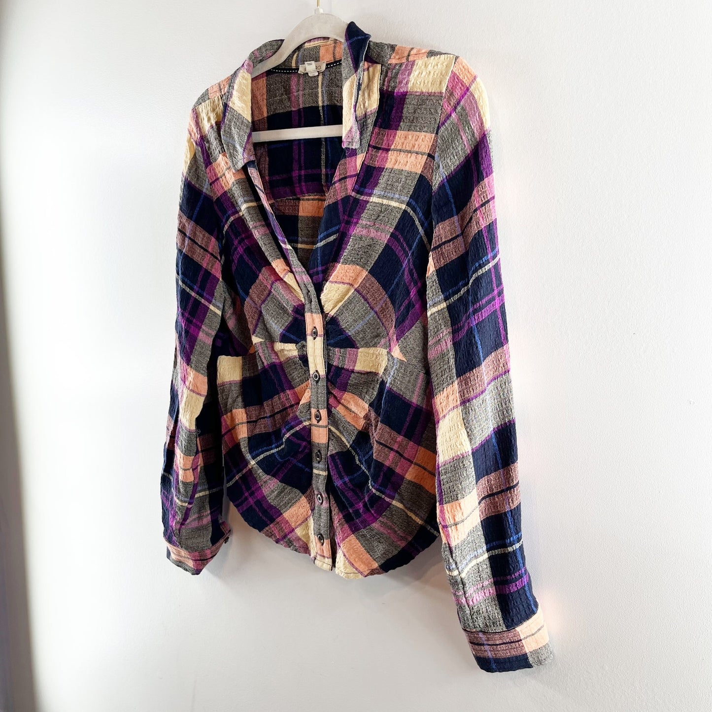 Anthropologie Pilcro Ruched Deep V Plaid Buttondown Shirt Purple Medium