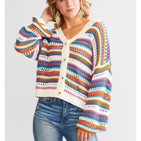Le Lis V Neck Rainbow Striped Button Up Crochet Cardigan Sweater Cream Small