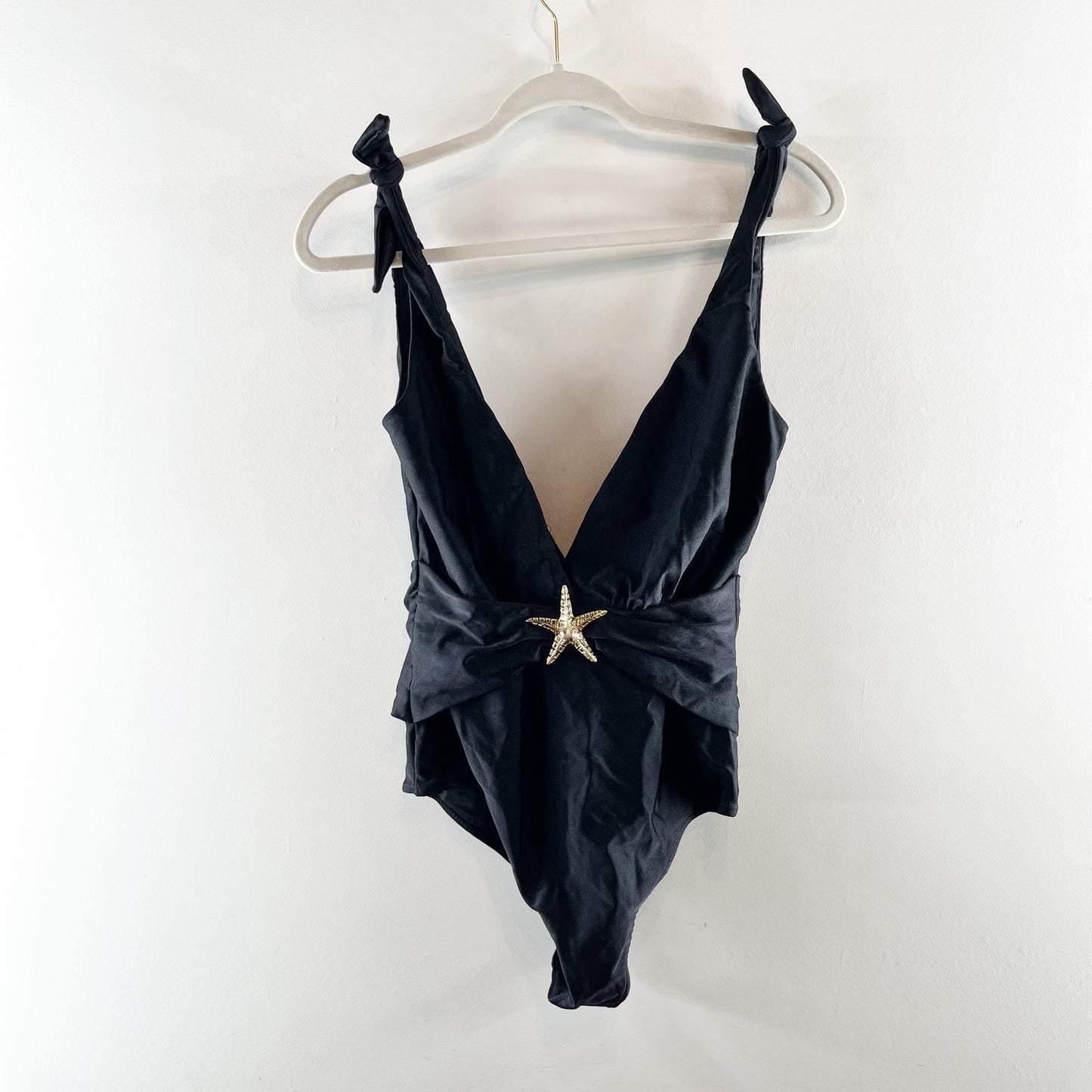 PatBo Starfish Plunge Tie Strap One Piece Swimsuit Black Gold Large