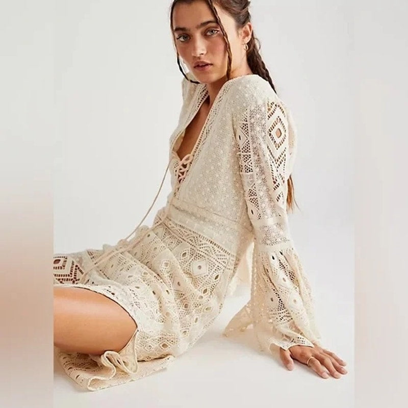 Jen’s Pirate Booty Chaouen Lace Crochet Boho Maxi Dress Ivory XS