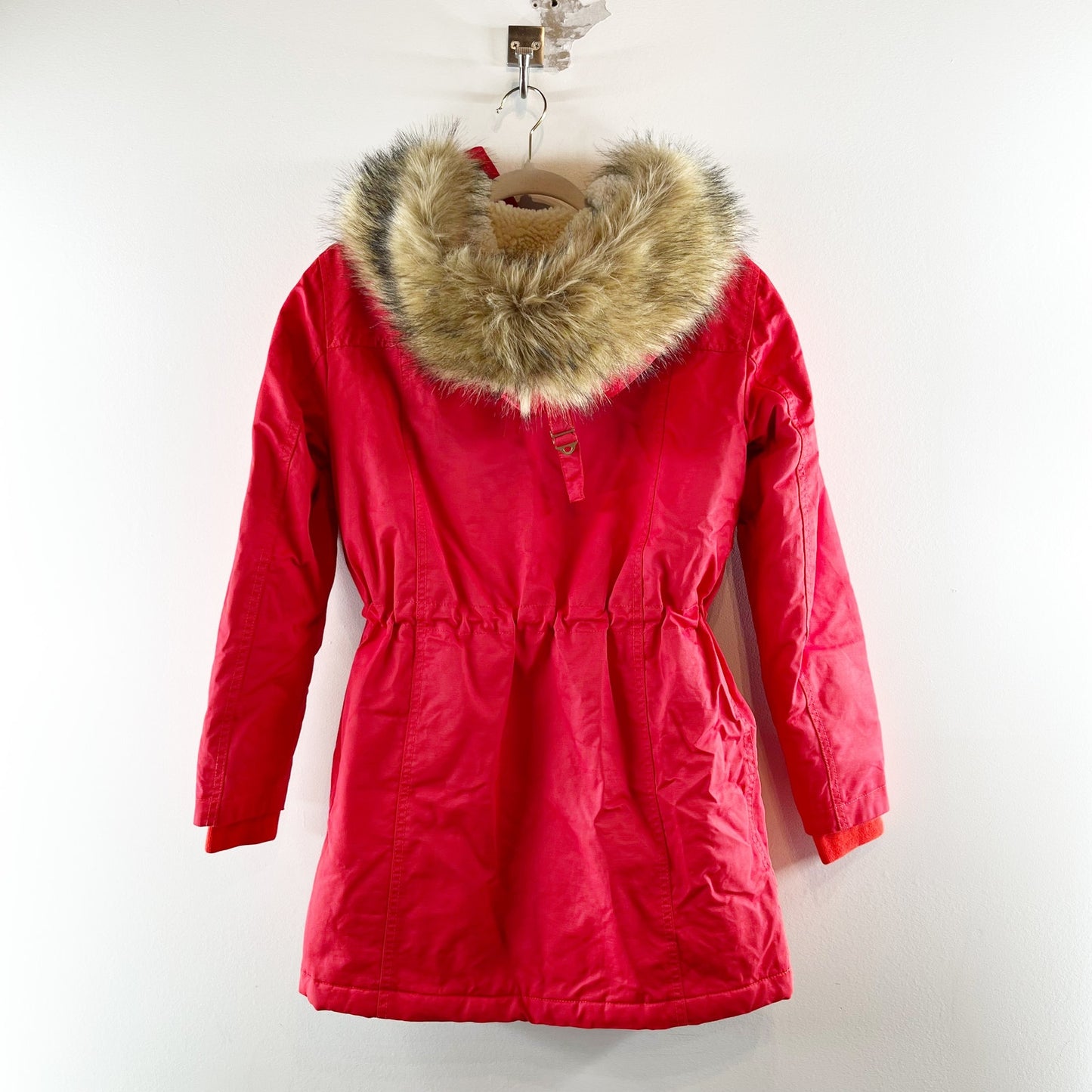 J. Crew Perfect Winter Parka Coat Jacket Faux Fur Trim Hood Red XXS