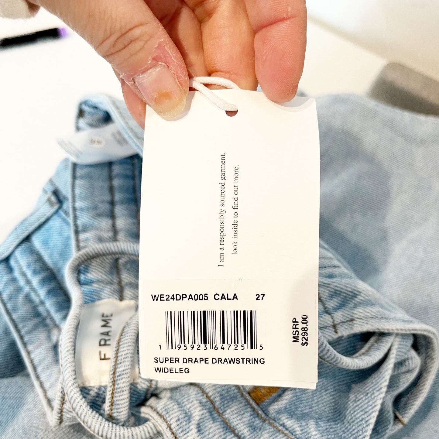 FRAME Super Drape Drawstring High Waisted Denim Wide Leg Jeans Blue 27