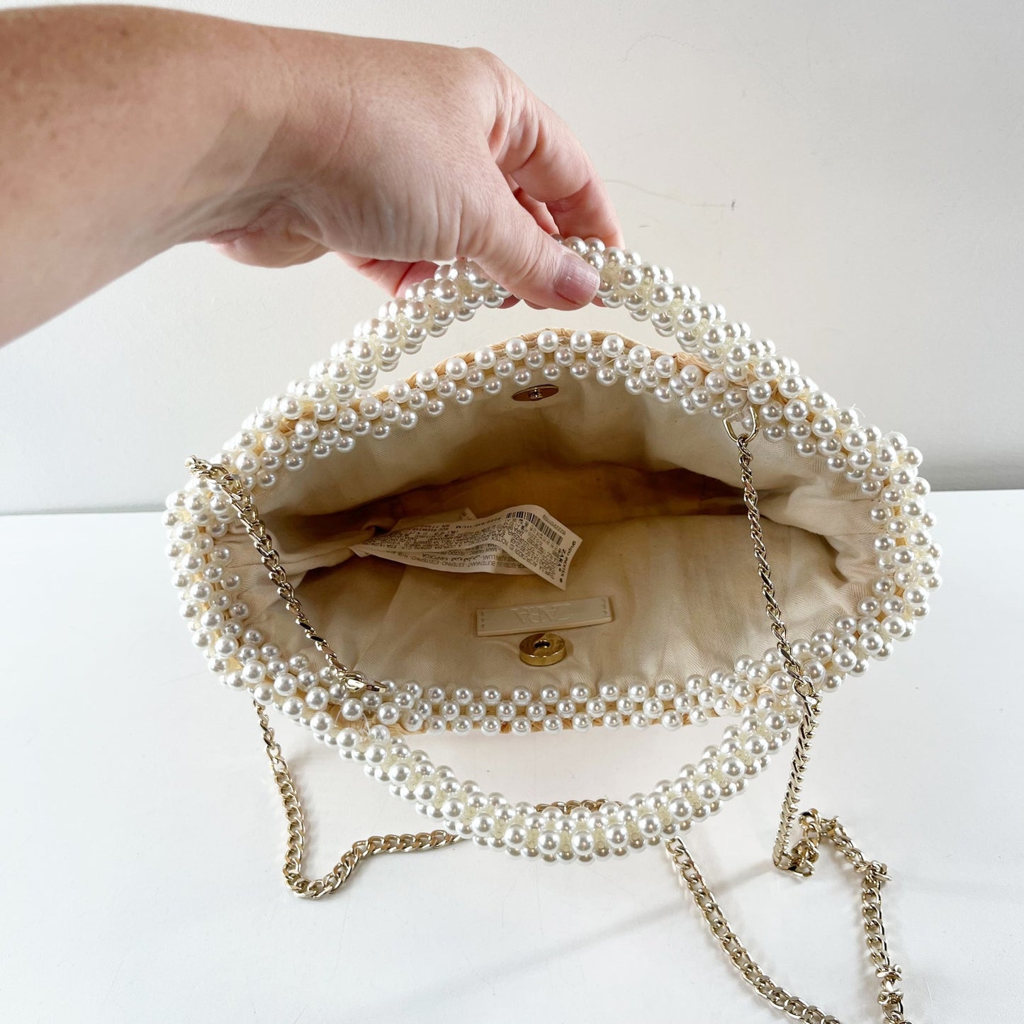 Zara Faux Beaded Basket Handbag Purse with Chain Crossbody Strap Natural Tan