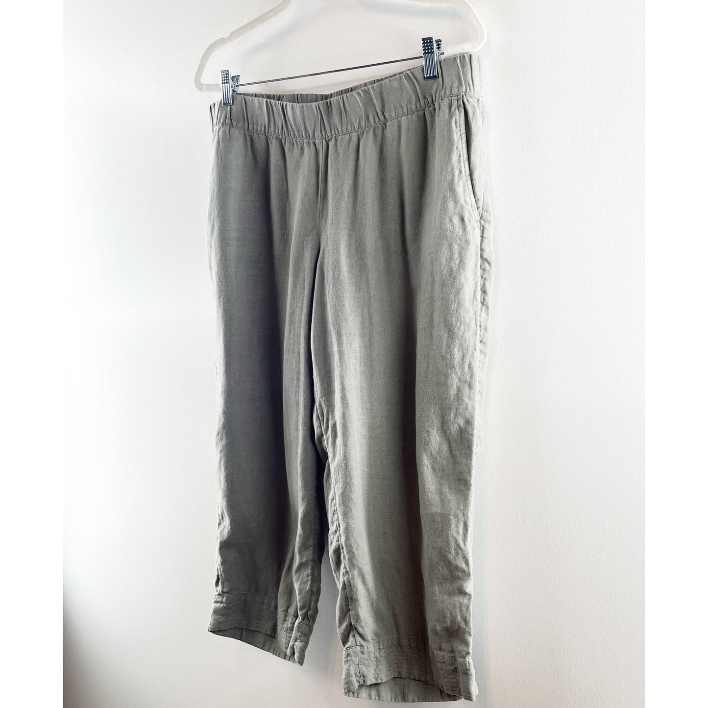 J. Jill Pure Jill Garment Dyed Linen Cropped Trapunto-Stitched Pants Green Large