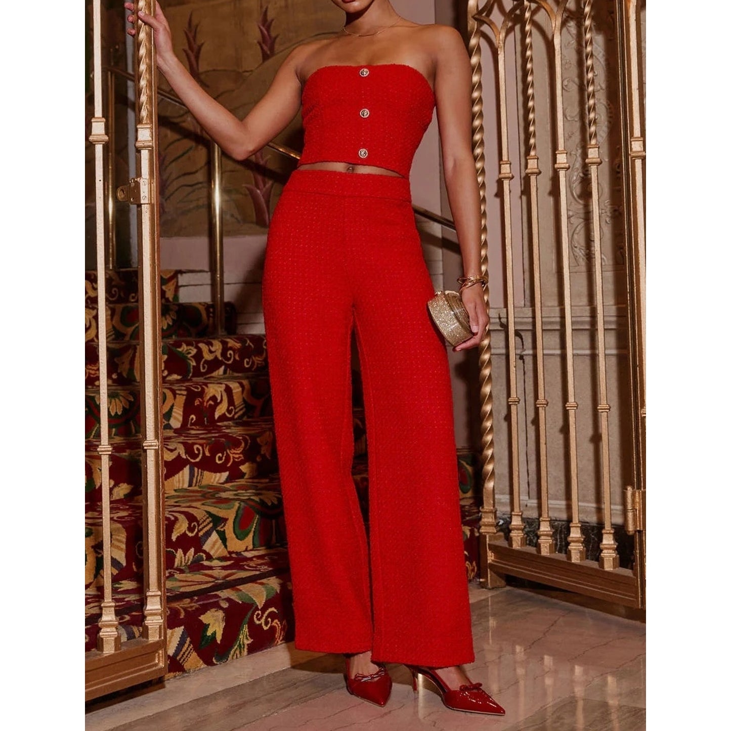 VICI Tweed Tube Top and Matching Wide Leg Pants Set Red Medium