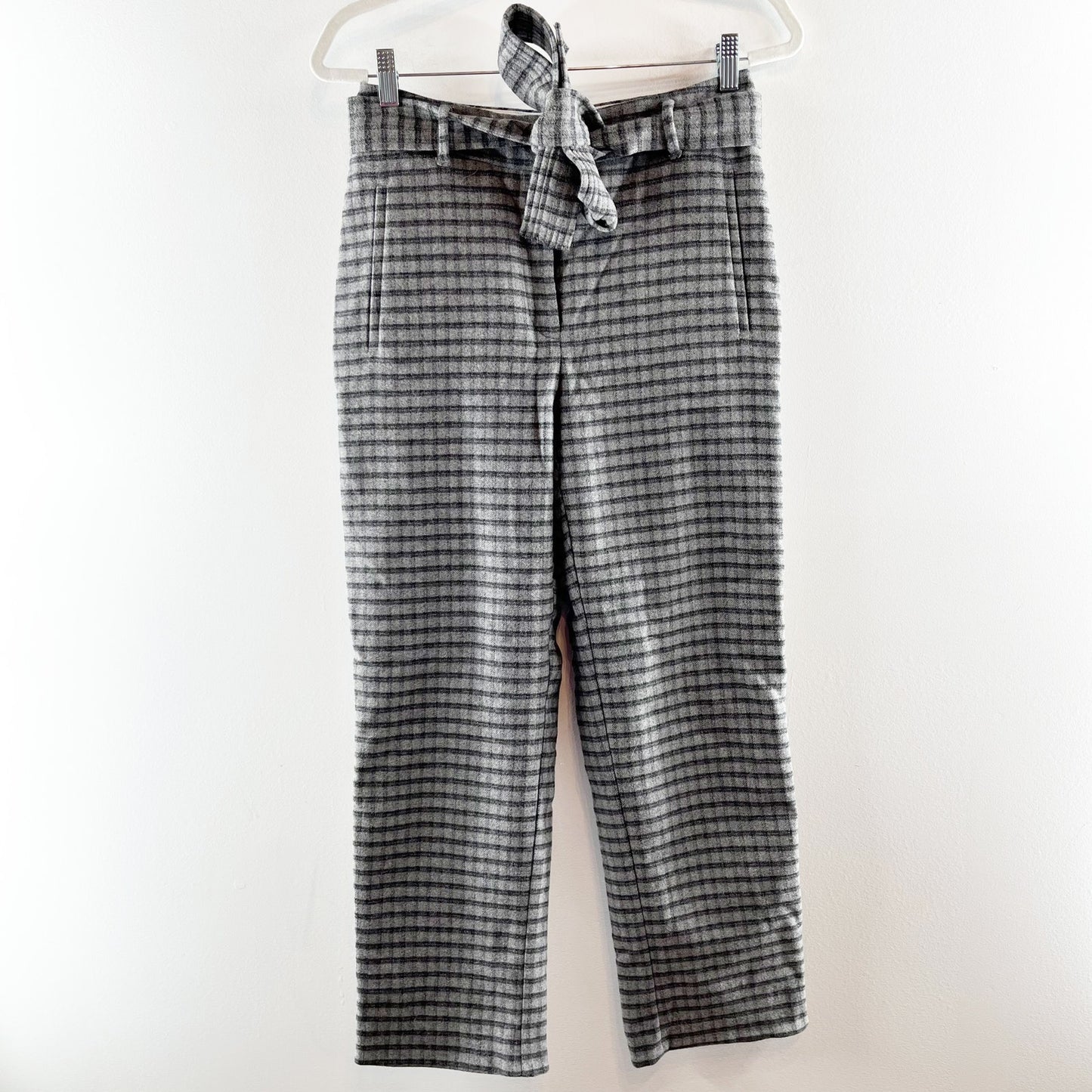 Aritzia Wilfred Wool High Rise Belted Tie Waist Plaid Check Pants Gray 6