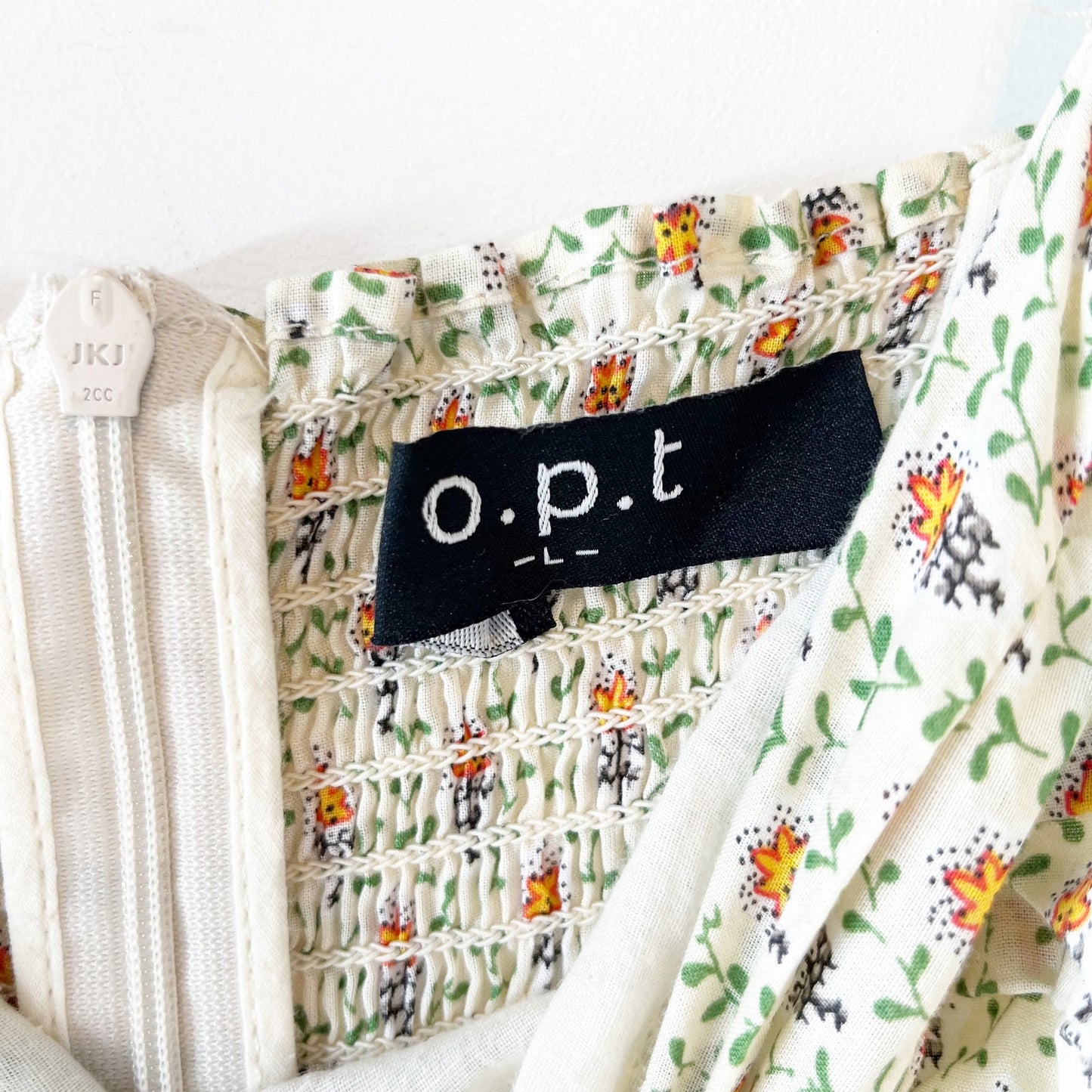 O.P.T Square Neck Short Puff Sleeve Floral Cotton Lined Midi Dress Cream Large