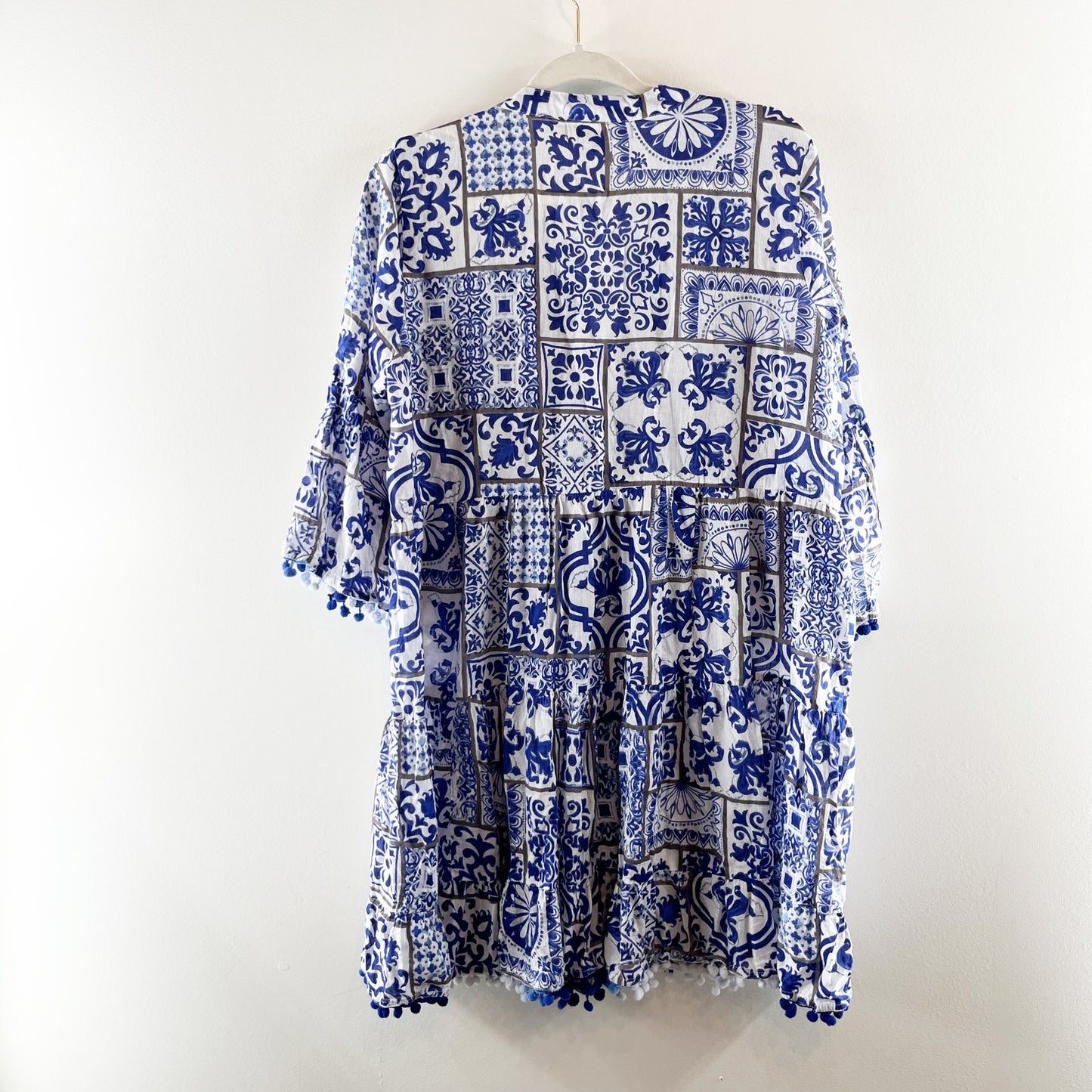 Colori Di Mare Printed Button Up Beaded Mini Cover Up Dress Blue White OS