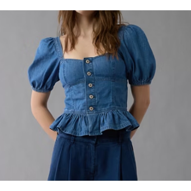American Eagle Square Neck Puff Short Sleeve Peplum Hem Denim Top Blue Small